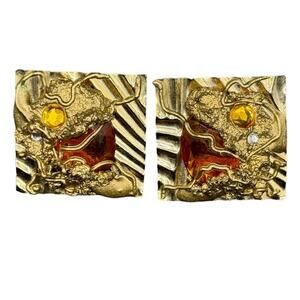 Vintage Art Deco Square Synthetic Amber Earrings Vines Gold Tone Pierced.